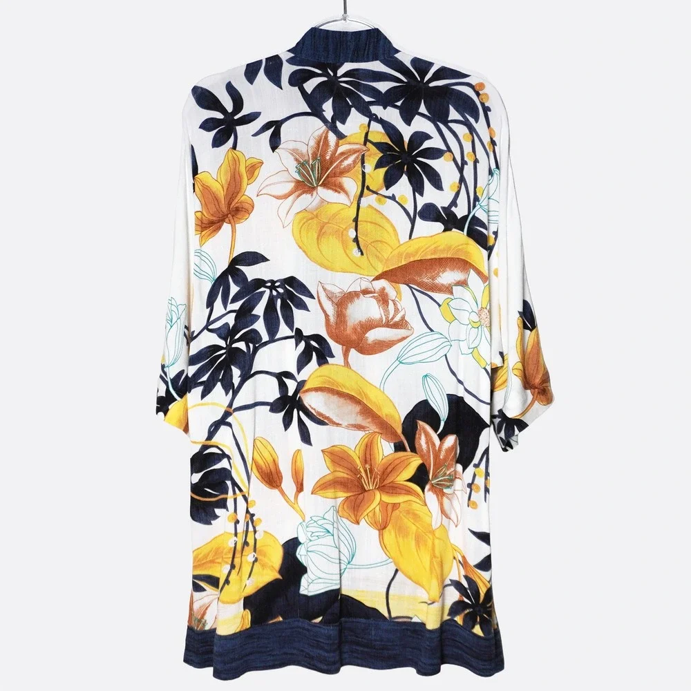 Chico's 100% Rayon Kimono Cardigan L XL 1X 12 14 Mustard Indigo Floral Boho Plus